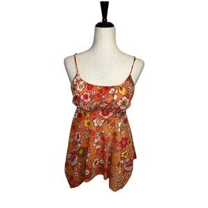 Vintage Y2K Floral Babydoll Spaghetti Strap Top – Self Esteem – Orange Retro 70s